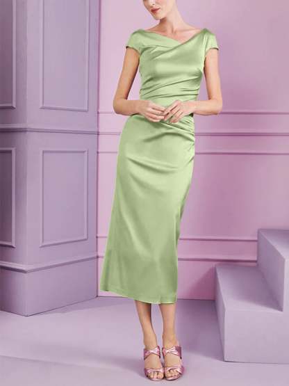 Short Sleeve Tea-Length Cowl Neck Sheath Dress with Ruffles for the Mother of the Bride