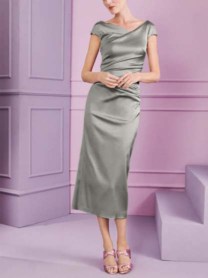 Short Sleeve Tea-Length Cowl Neck Sheath Dress with Ruffles for the Mother of the Bride