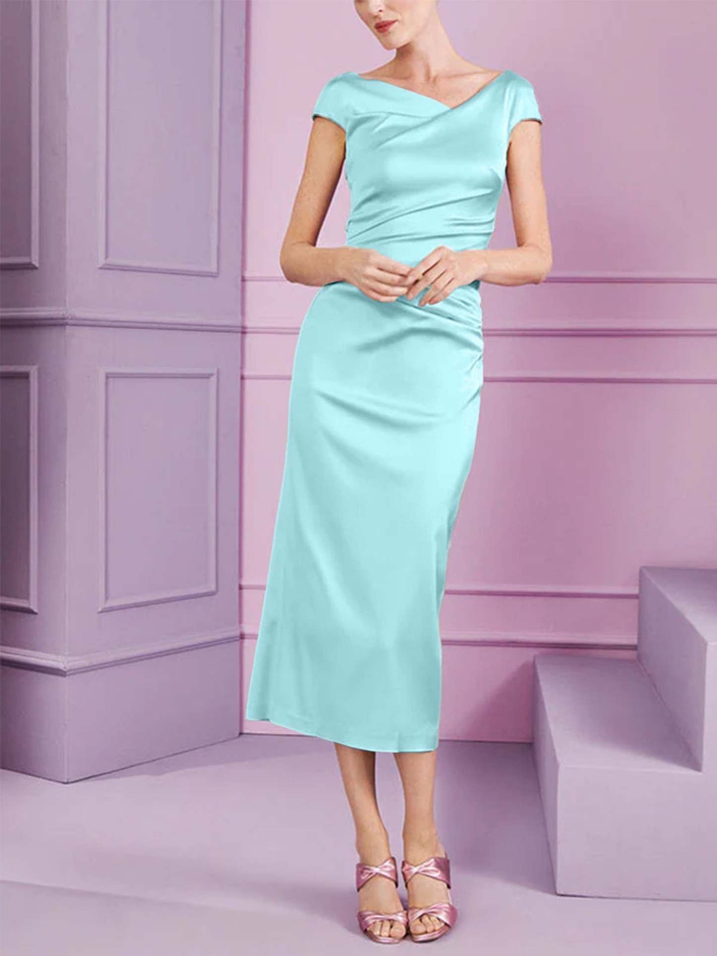 Short Sleeve Tea-Length Cowl Neck Sheath Dress with Ruffles for the Mother of the Bride