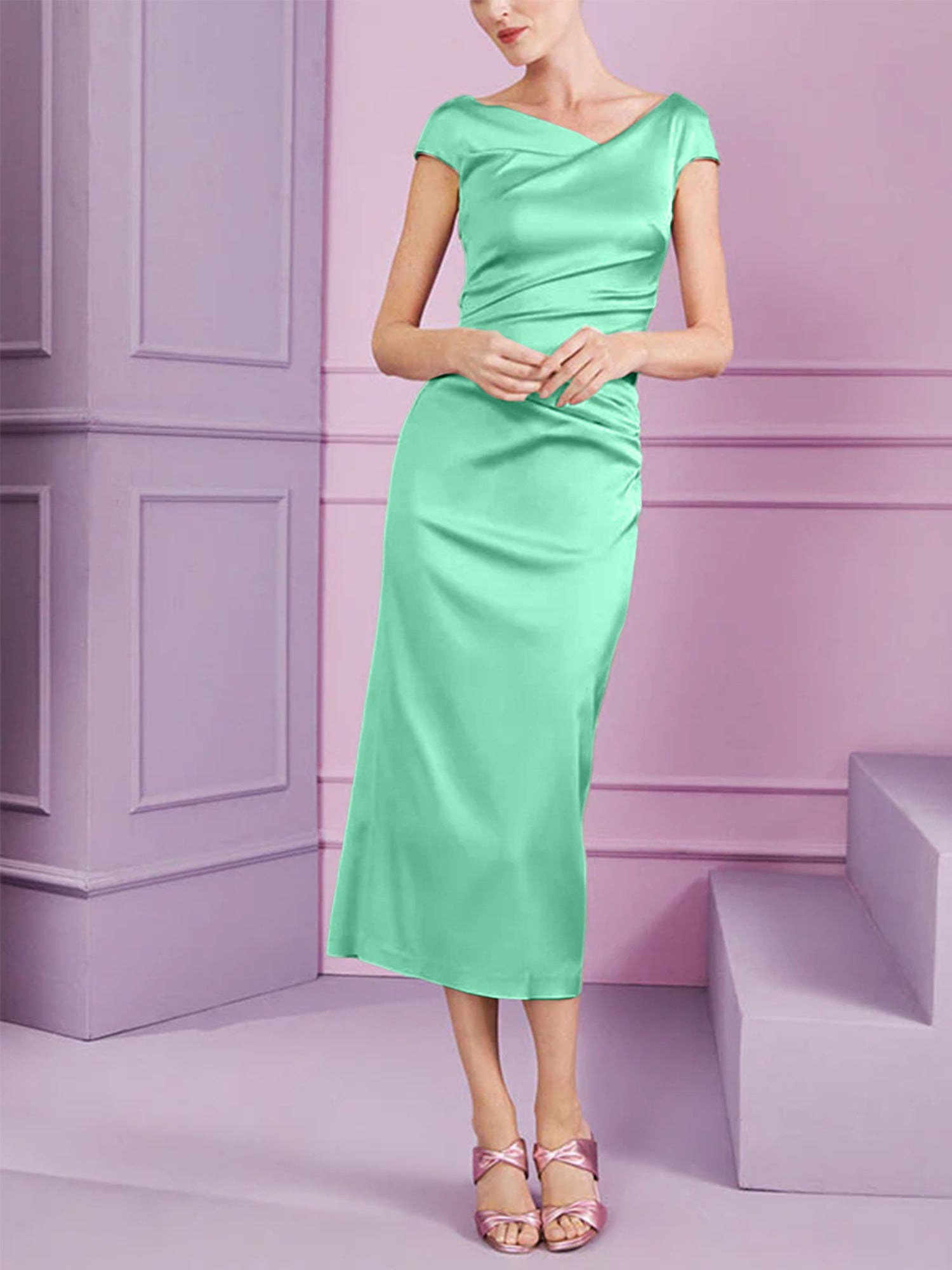 Short Sleeve Tea-Length Cowl Neck Sheath Dress with Ruffles for the Mother of the Bride