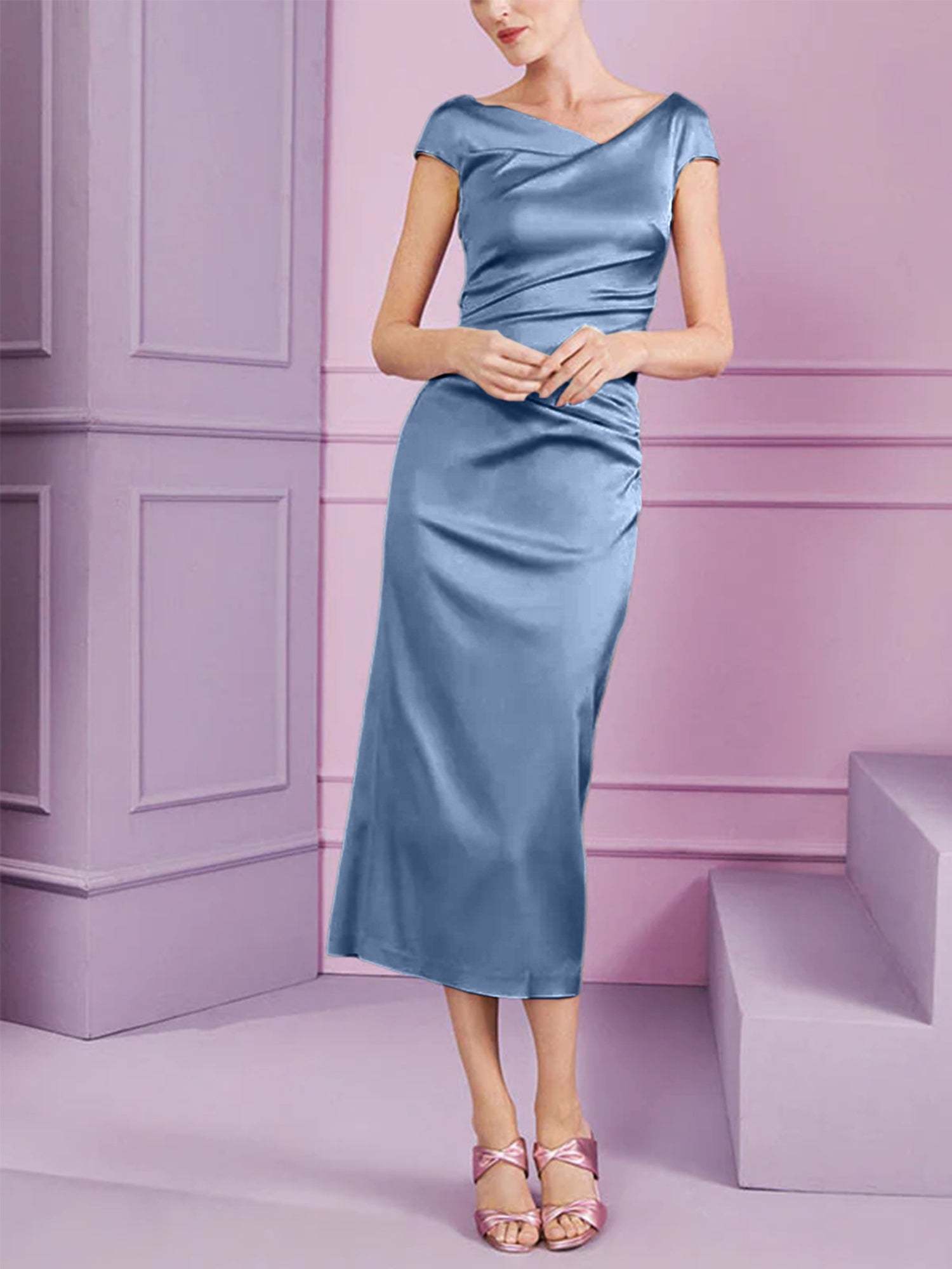 Short Sleeve Tea-Length Cowl Neck Sheath Dress with Ruffles for the Mother of the Bride
