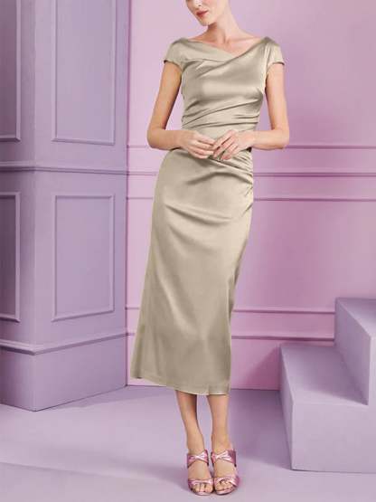 Short Sleeve Tea-Length Cowl Neck Sheath Dress with Ruffles for the Mother of the Bride
