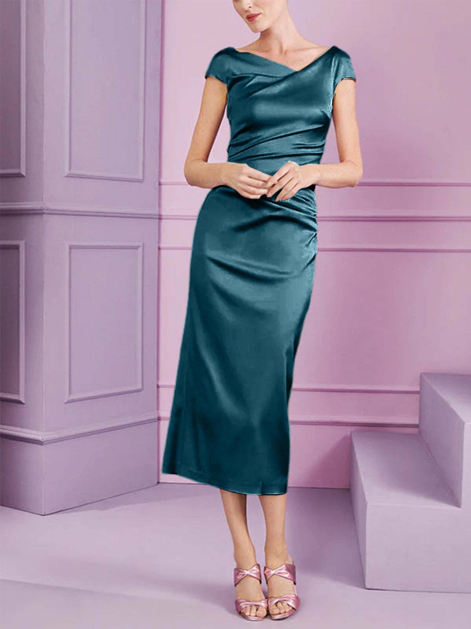 Short Sleeve Tea-Length Cowl Neck Sheath Dress with Ruffles for the Mother of the Bride