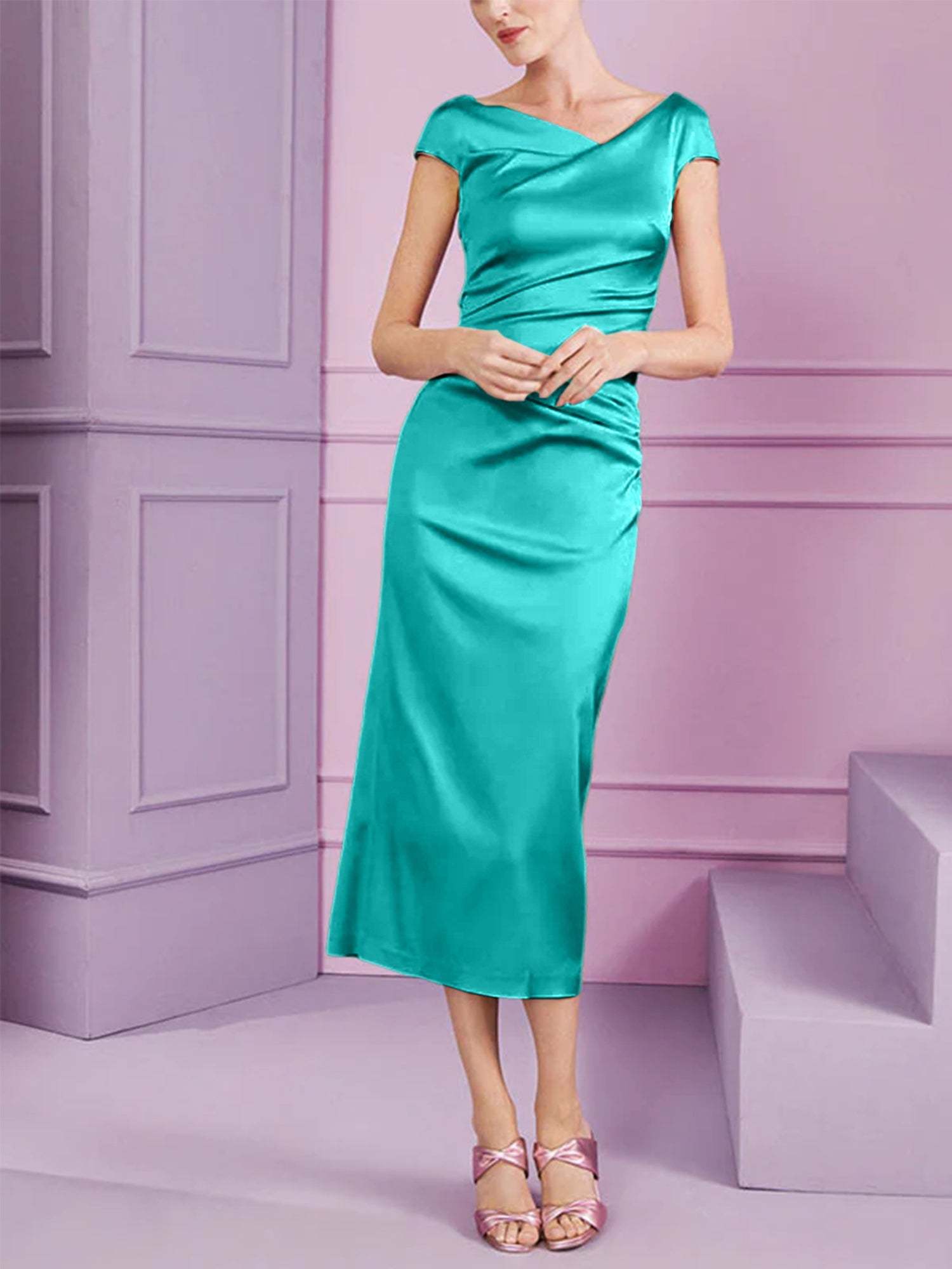 Short Sleeve Tea-Length Cowl Neck Sheath Dress with Ruffles for the Mother of the Bride