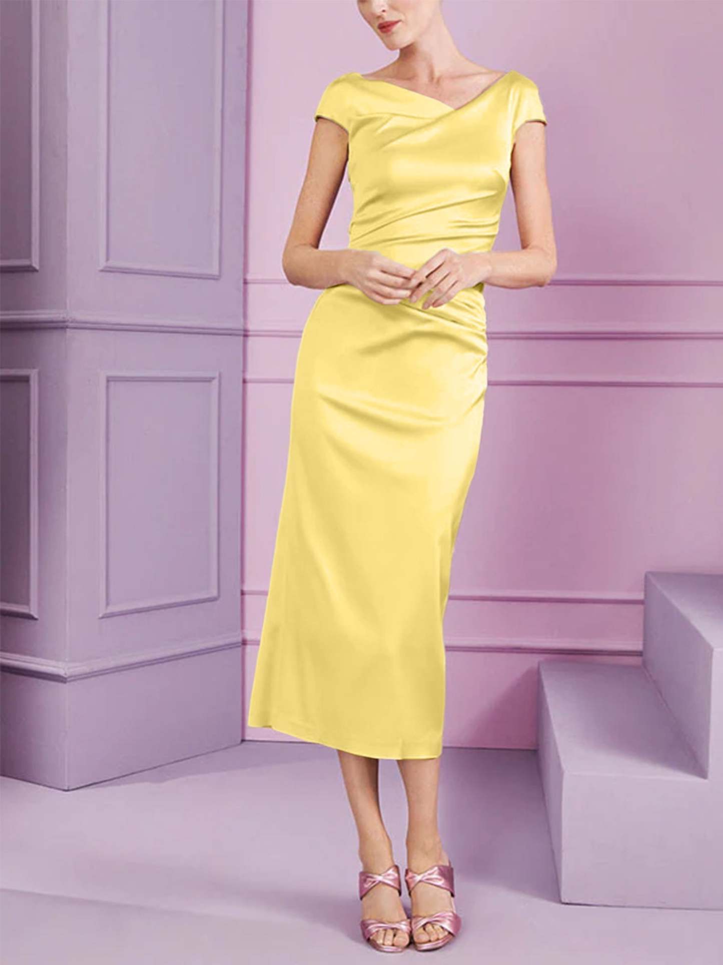Short Sleeve Tea-Length Cowl Neck Sheath Dress with Ruffles for the Mother of the Bride