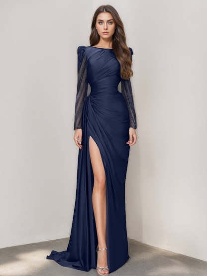 Long Sleeve Satin Prom Dress with Mermaid Train Jewel Neck and Ruched Slit