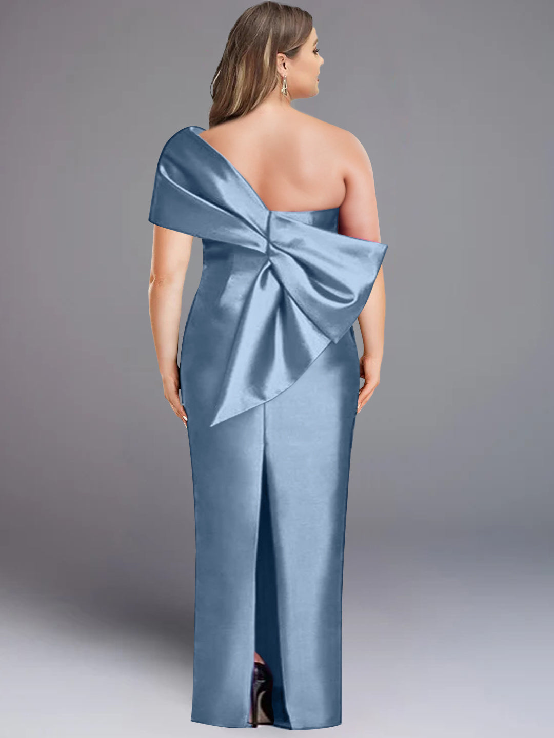 One-Shoulder Sleeveless Plus Size Floor-Length Sheath Dress with Bowknot for Mother of the Bride