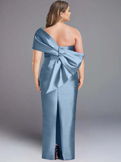 One-Shoulder Sleeveless Plus Size Floor-Length Sheath Dress with Bowknot for Mother of the Bride