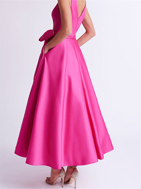 V-Neck Sleeveless A-Line Princess Ankle-Length Mother of the Bride Dress with Ruffles & Pockets