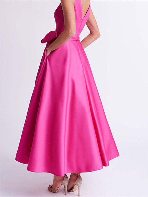 V-Neck Sleeveless A-Line Princess Ankle-Length Mother of the Bride Dress with Ruffles & Pockets