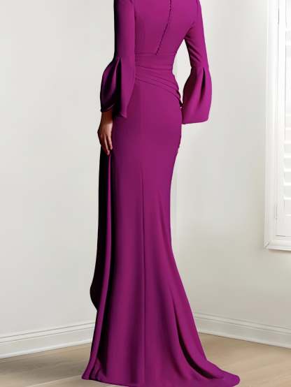 V-Neck Floor-Length Mother of the Bride Dress With Side Split and Long Sleeves
