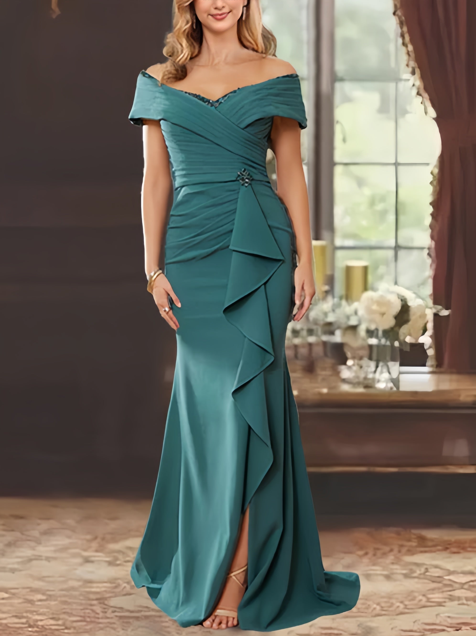 Off-the-Shoulder Ruffled Floor-Length Mother of the Bride Sheath Dress
