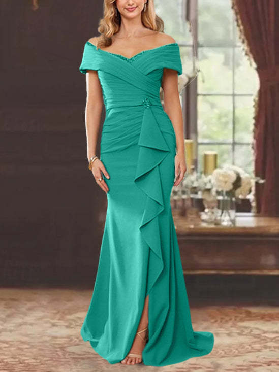 Off-the-Shoulder Ruffled Floor-Length Mother of the Bride Sheath Dress