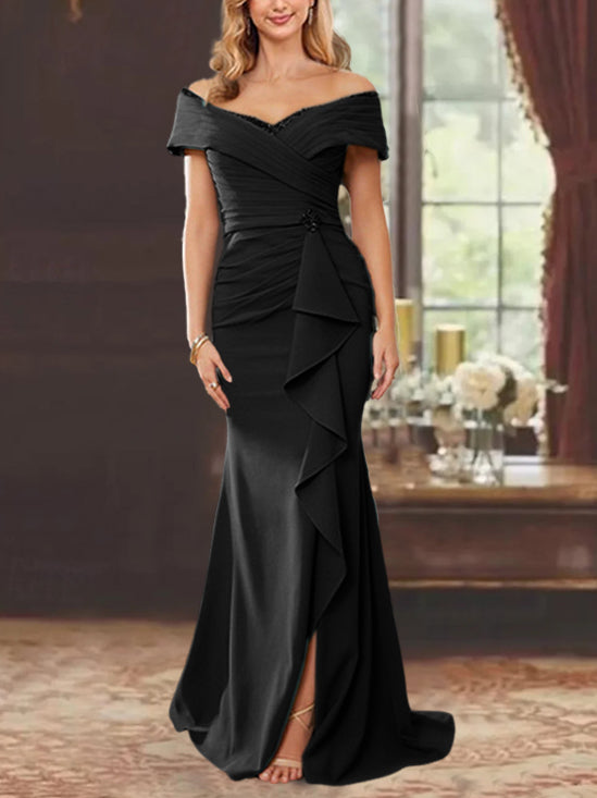 Off-the-Shoulder Ruffled Floor-Length Mother of the Bride Sheath Dress
