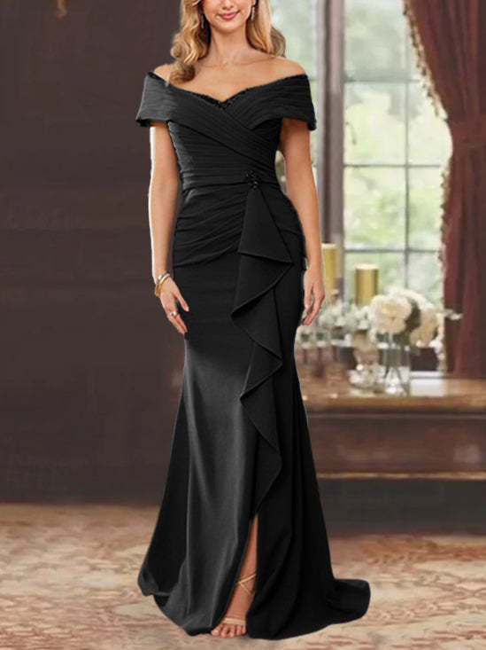 Off-the-Shoulder Ruffled Floor-Length Mother of the Bride Sheath Dress