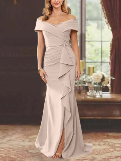 Off-the-Shoulder Ruffled Floor-Length Mother of the Bride Sheath Dress