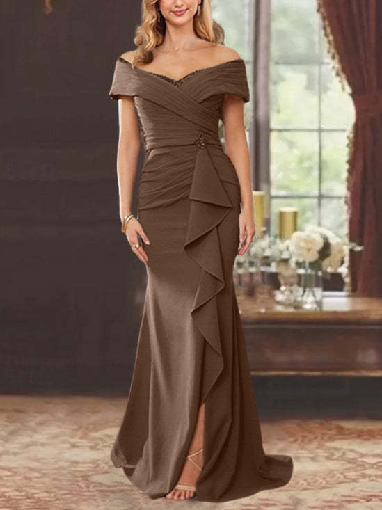 Off-the-Shoulder Ruffled Floor-Length Mother of the Bride Sheath Dress