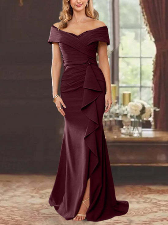 Off-the-Shoulder Ruffled Floor-Length Mother of the Bride Sheath Dress