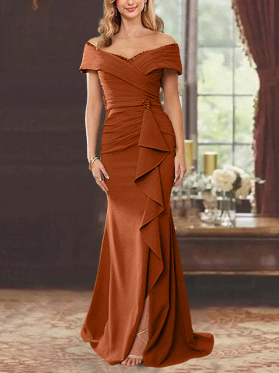 Off-the-Shoulder Ruffled Floor-Length Mother of the Bride Sheath Dress