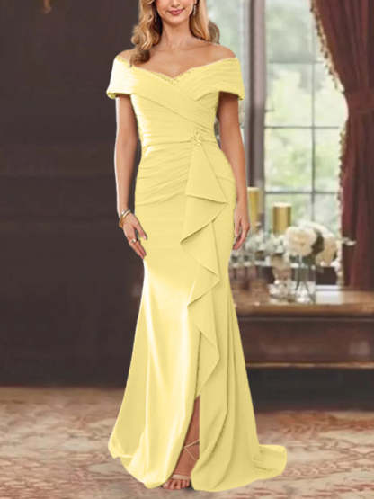 Off-the-Shoulder Ruffled Floor-Length Mother of the Bride Sheath Dress