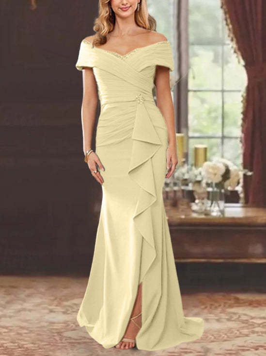 Off-the-Shoulder Ruffled Floor-Length Mother of the Bride Sheath Dress