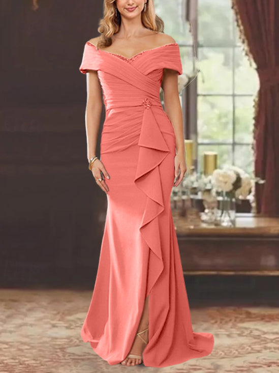 Off-the-Shoulder Ruffled Floor-Length Mother of the Bride Sheath Dress