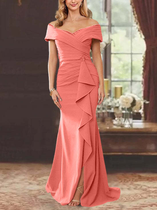 Off-the-Shoulder Ruffled Floor-Length Mother of the Bride Sheath Dress