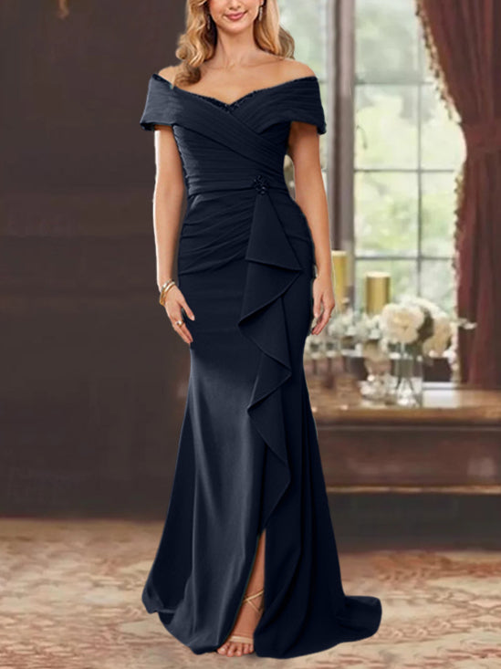 Off-the-Shoulder Ruffled Floor-Length Mother of the Bride Sheath Dress