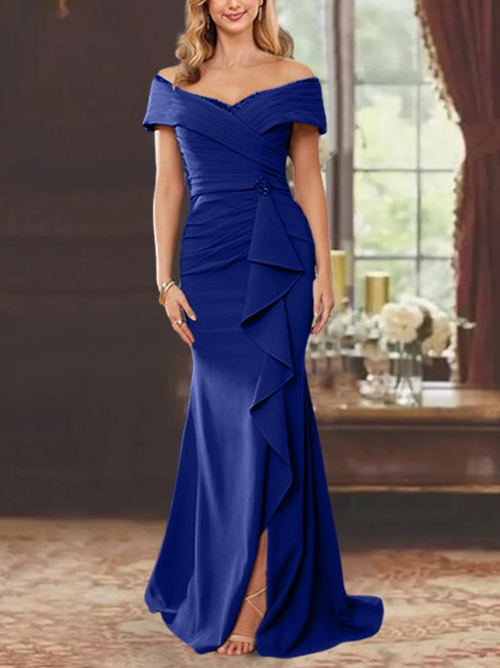 Off-the-Shoulder Ruffled Floor-Length Mother of the Bride Sheath Dress