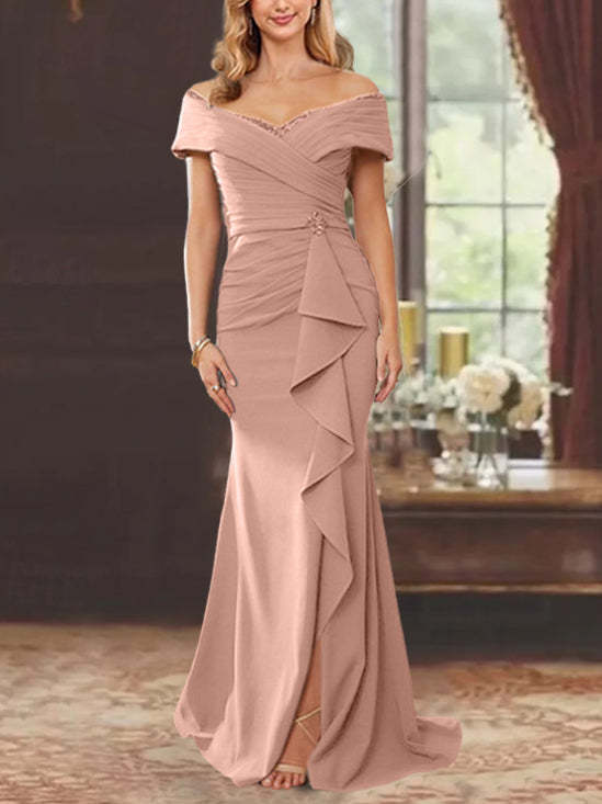 Off-the-Shoulder Ruffled Floor-Length Mother of the Bride Sheath Dress