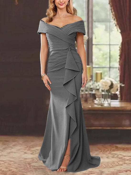 Off-the-Shoulder Ruffled Floor-Length Mother of the Bride Sheath Dress