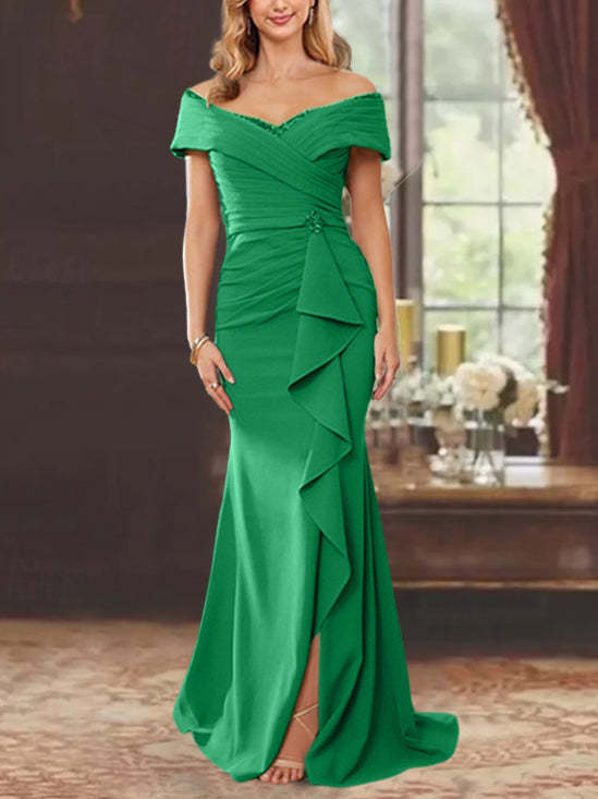 Off-the-Shoulder Ruffled Floor-Length Mother of the Bride Sheath Dress