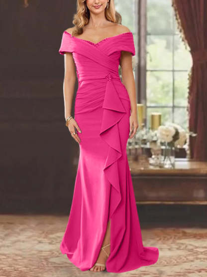 Off-the-Shoulder Ruffled Floor-Length Mother of the Bride Sheath Dress
