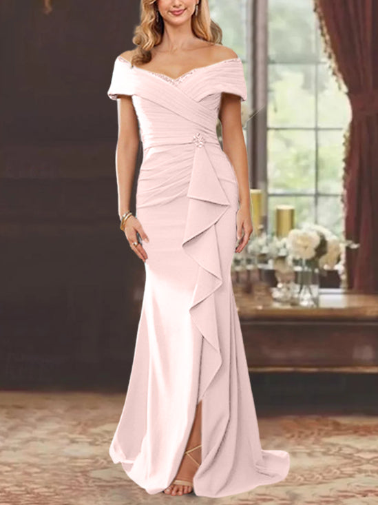 Off-the-Shoulder Ruffled Floor-Length Mother of the Bride Sheath Dress