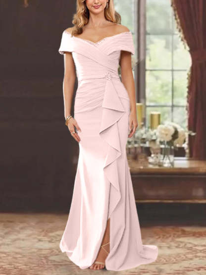 Off-the-Shoulder Ruffled Floor-Length Mother of the Bride Sheath Dress