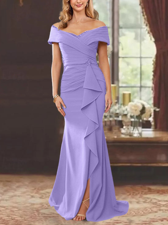 Off-the-Shoulder Ruffled Floor-Length Mother of the Bride Sheath Dress