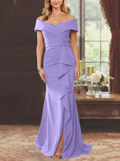 Off-the-Shoulder Ruffled Floor-Length Mother of the Bride Sheath Dress