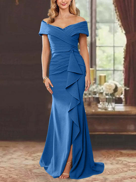 Off-the-Shoulder Ruffled Floor-Length Mother of the Bride Sheath Dress