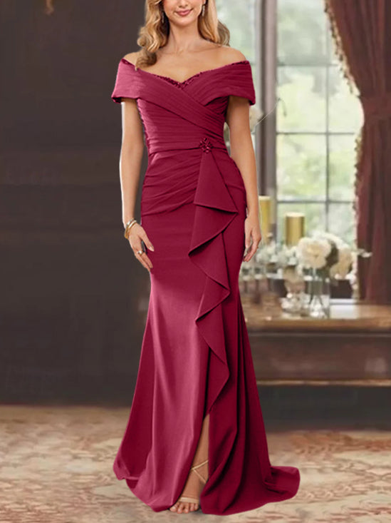 Off-the-Shoulder Ruffled Floor-Length Mother of the Bride Sheath Dress