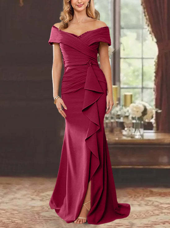 Off-the-Shoulder Ruffled Floor-Length Mother of the Bride Sheath Dress