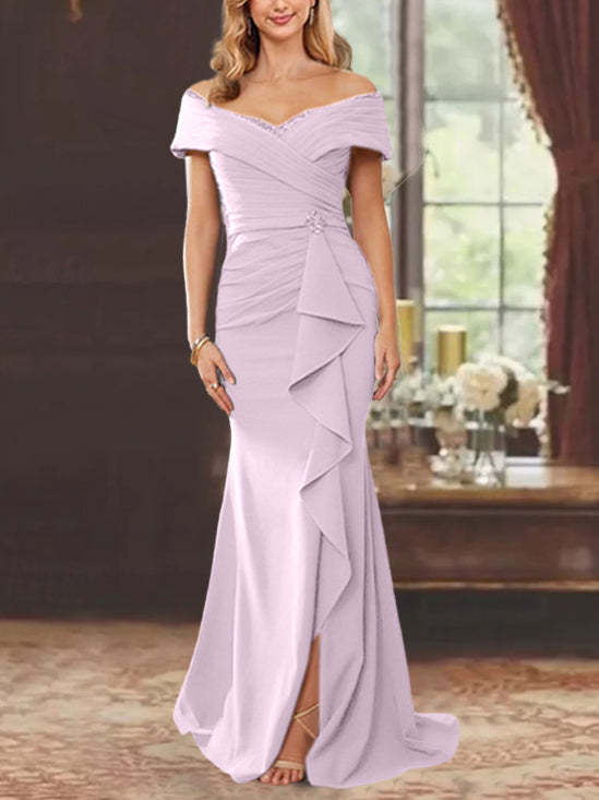 Off-the-Shoulder Ruffled Floor-Length Mother of the Bride Sheath Dress