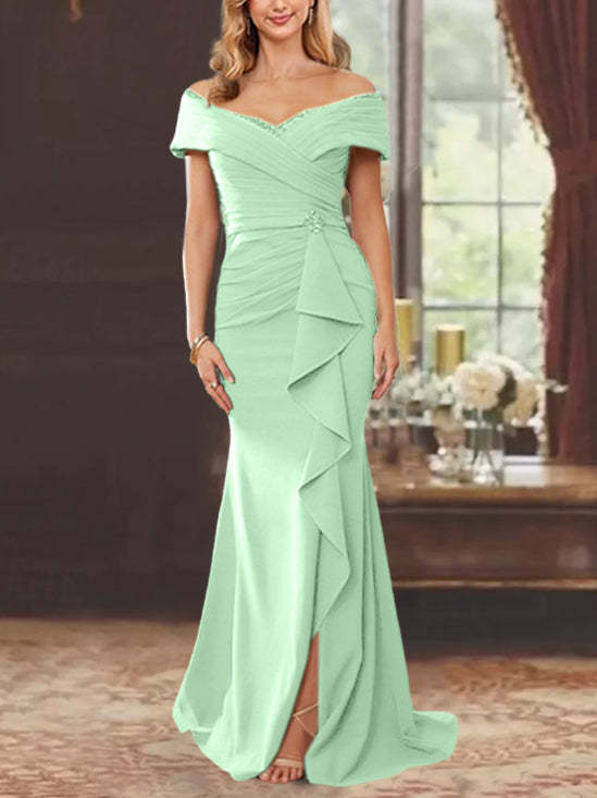 Off-the-Shoulder Ruffled Floor-Length Mother of the Bride Sheath Dress