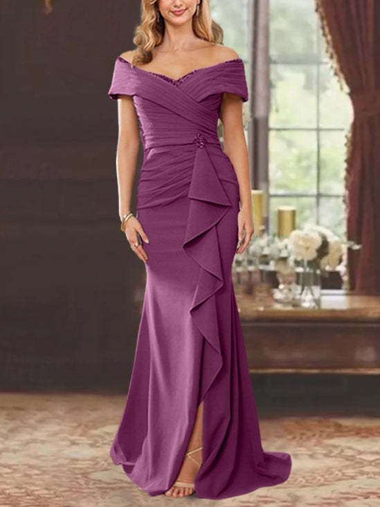 Off-the-Shoulder Ruffled Floor-Length Mother of the Bride Sheath Dress