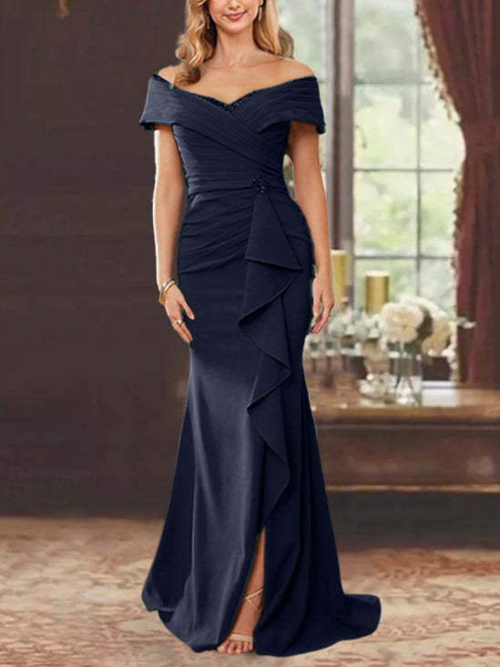 Off-the-Shoulder Ruffled Floor-Length Mother of the Bride Sheath Dress