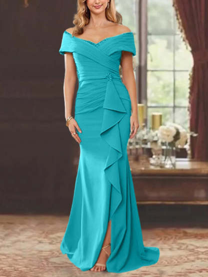 Off-the-Shoulder Ruffled Floor-Length Mother of the Bride Sheath Dress