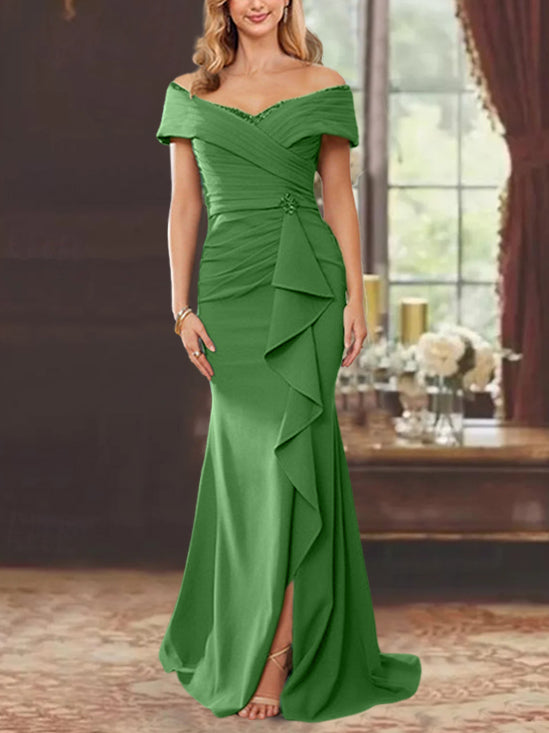 Off-the-Shoulder Ruffled Floor-Length Mother of the Bride Sheath Dress