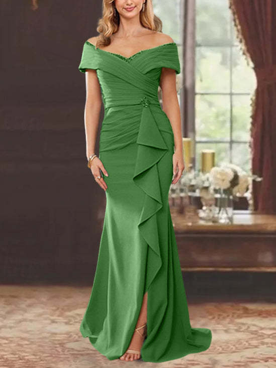 Off-the-Shoulder Ruffled Floor-Length Mother of the Bride Sheath Dress