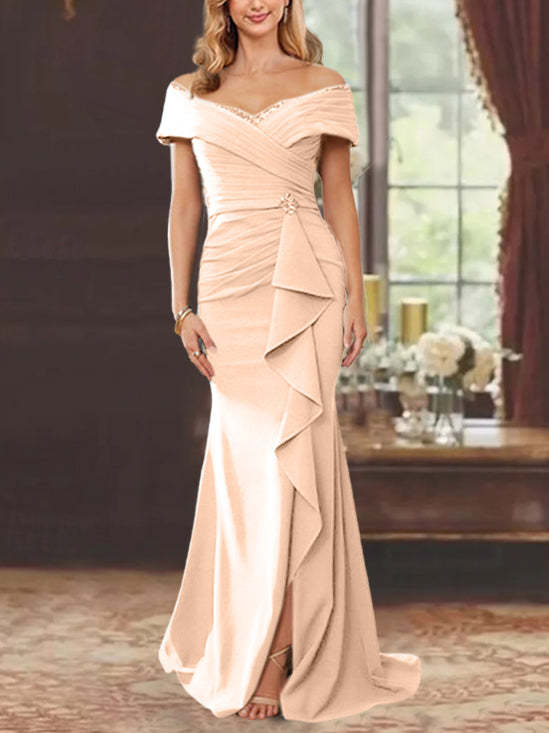 Off-the-Shoulder Ruffled Floor-Length Mother of the Bride Sheath Dress