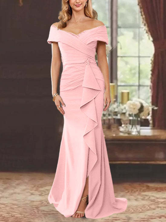 Off-the-Shoulder Ruffled Floor-Length Mother of the Bride Sheath Dress