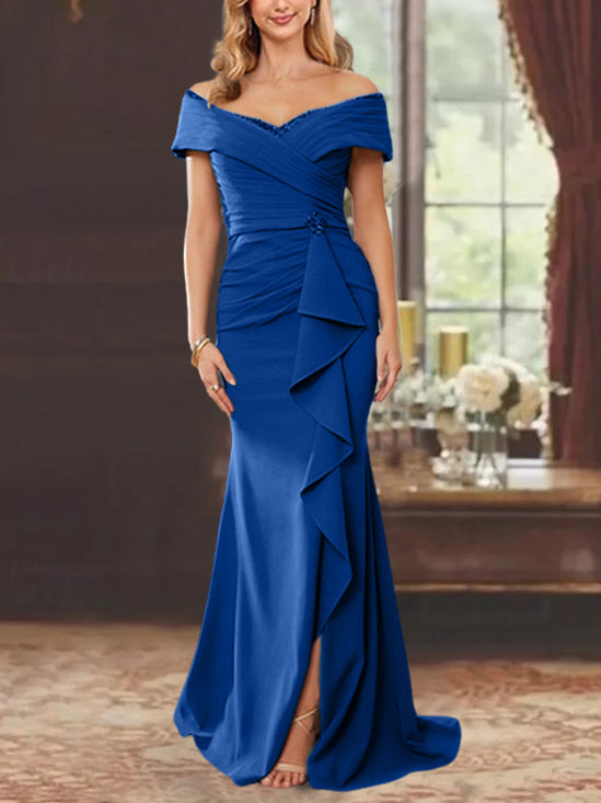 Off-the-Shoulder Ruffled Floor-Length Mother of the Bride Sheath Dress